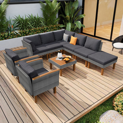 Ensemble de meubles de patio en rotin 9 pièces, ensemble de conversation extérieur avec pieds en bois d'acacia et plateau de table - Canapé modulaire en rotin PE avec table basse, coussins lavables, sièges rembourrés épais pour le jardin, la terrasse, le bord de la piscine, la cour