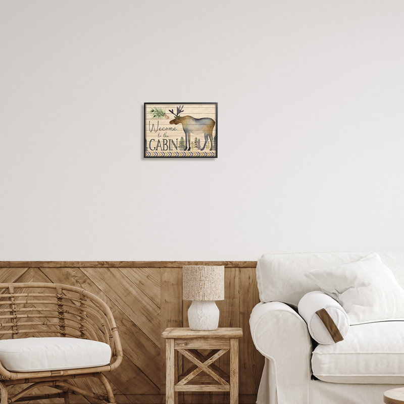 «Welcome to the Cabin Moose Silhouette» - Cadre flottant, impression sur bois, L 14 po x H 11 po x P 1,5 po