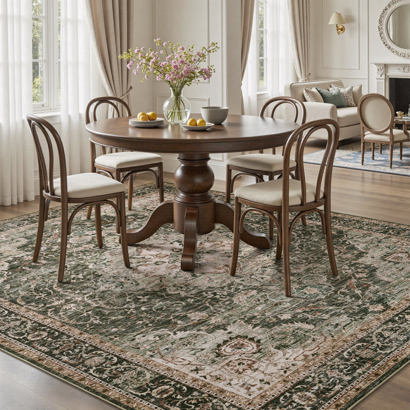 Soft Vintage Floral Non-Slip Washable Area Rug For Living Room, Bedroom Forest Green, Retangle 9' x 12', Beige/Green/Taupe