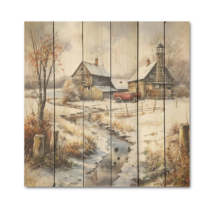 «Countryside Winter Farm Fusion - Art mural en bois de ferme sur bois de pin naturel, H 15 po x l 15 po