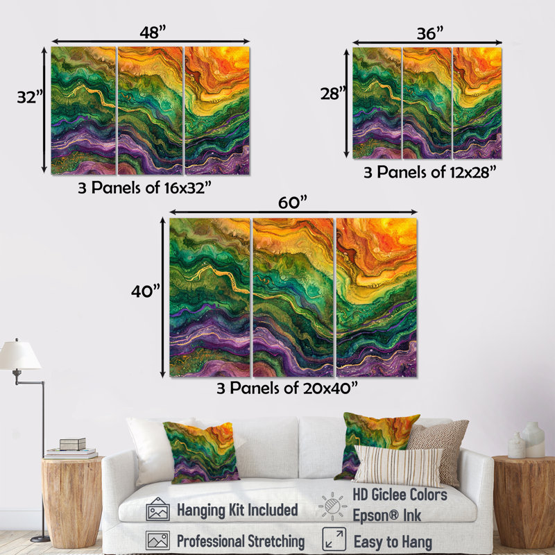 Rainbow Stone Structure Waves - ensemble d'impression d'art mural en marbre, Toile tendue, H 32 po x l 48 po x P 1 po