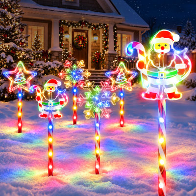Solar Christmas Pathway Lights Outdoor, Multicolor Snowflake Santa Claus Star Tree Decorative Stake Lights with 10 Lighting Modes, Solar Powered Holiday Yard Garden Walkway Decor