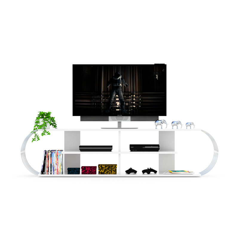 4 Shelf Open Storage Tv Stand 68 Inch, Mid Century Modern, White/ Intrigue, Solid Wood Constructed Piece Shelves Inch Stand, Modern Style, Storage, Feature, Assembled