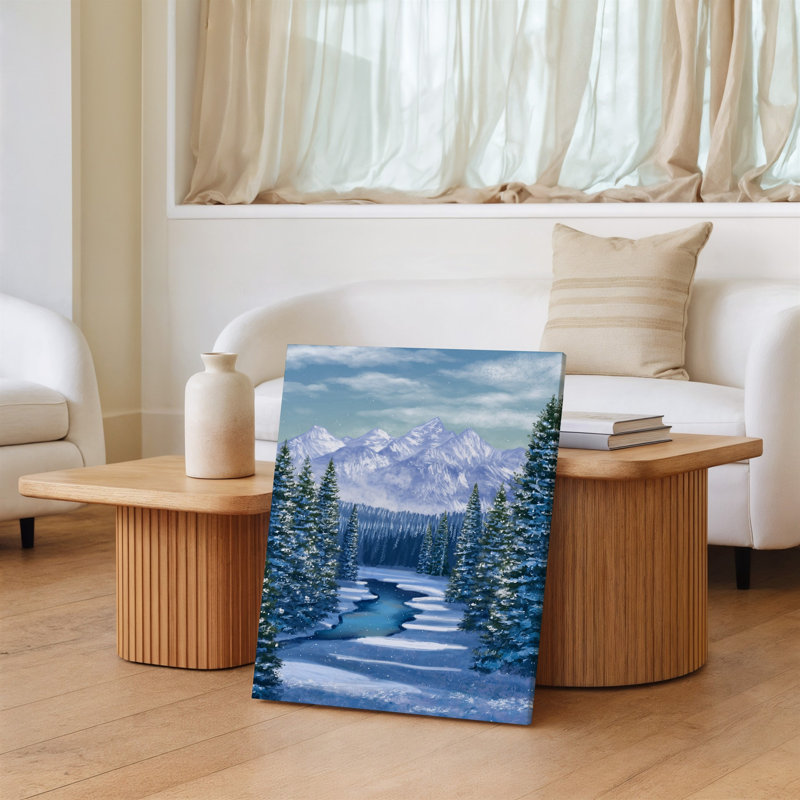 Toile, "Un paysage d'hiver serein avec une rivière tranquille recouverte de neige qui traverse une forêt dense d'arbres à feuilles persistantes"