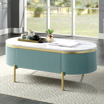 Table de salon contemporaine sarcelle clair 1pc avec plateau en faux marbre blanc et tiroir