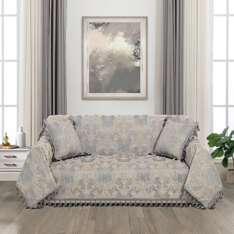 Housse pour canapé 1 pièce en jacquard avec pampilles, housse de protection pour canapé 71 po x 118 po, Gris clair