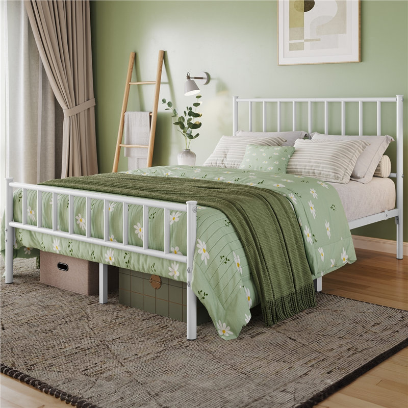 Birmati Metal Platform Bed Minimalist Bed Frame with Headboard and Footboard, Full, White