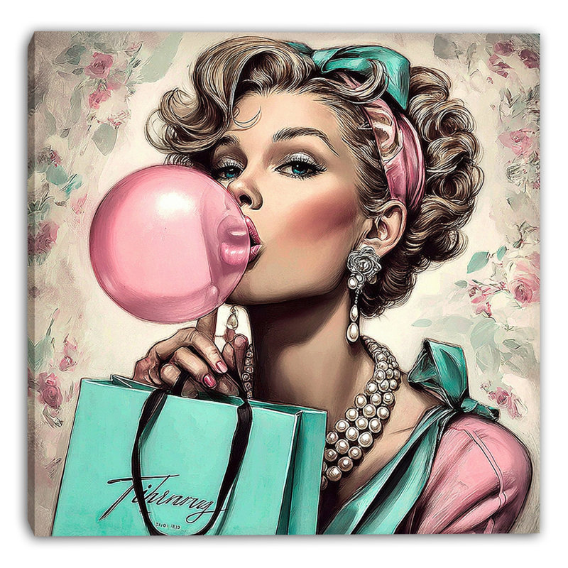 Art mural rétro sur toile «Glam Woman with Bubblegum and Gift»