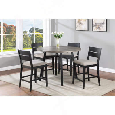 5Pc Round Counter Height Dining Table Set Two Tone Finish Upholstered Chair Dining Room Wooden Furniture Solid Wood Grey Brown