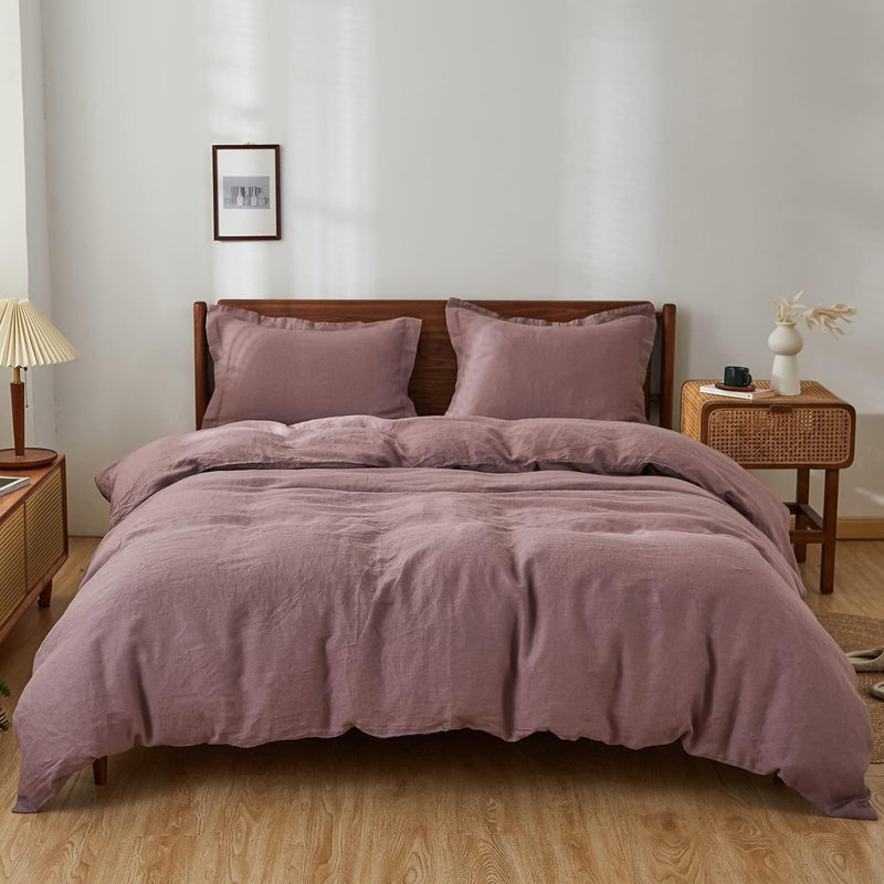 Ensemble de housse de couette 100% lin, Mauve, Housse de couette simple + 1 taie d'oreiller