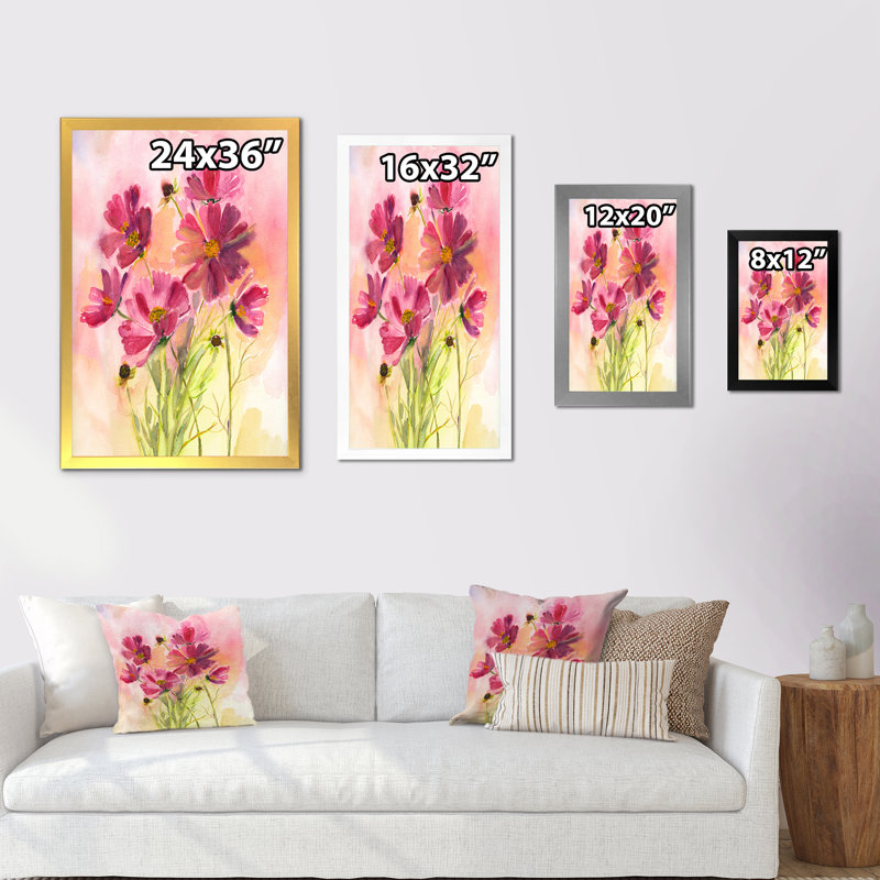 Cosmos fleurs roses - reproduction de cadre photo sur toile, H 32 po x l 16 po x P 1 po, Cadre noir