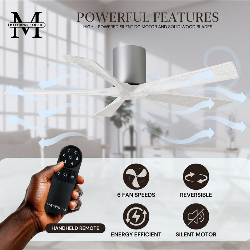 60" Irene 5-Blade Hugger Ceiling Fan with Wall Remote, Brushed Nickel, Matte White, 60"