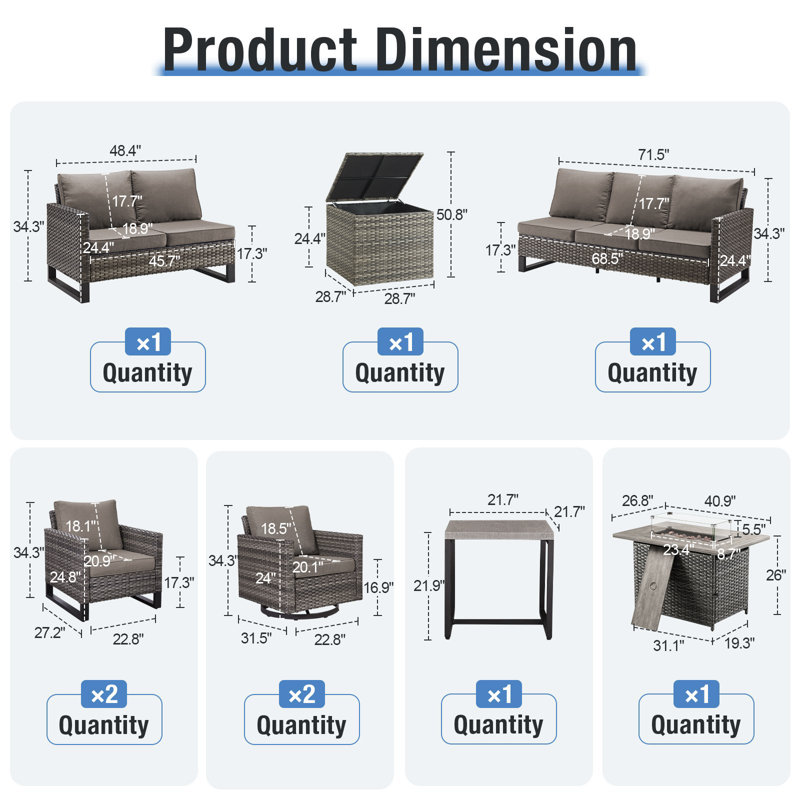 Naresa 9-Piece Outdoor Wicker Conversation Set With Sectional Sofa, Fire Pit Table, Swivel Chairs & Storage Box, Grey