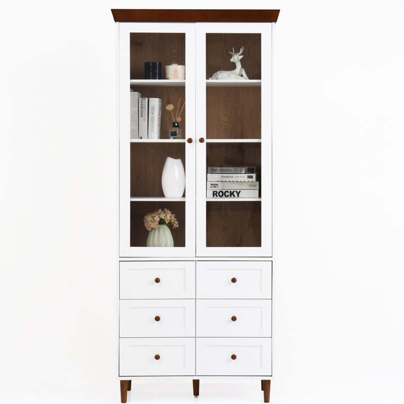 Grand garde-manger de cuisine - rangement autoportant blanc avec tablettes réglables et armoire vitrée