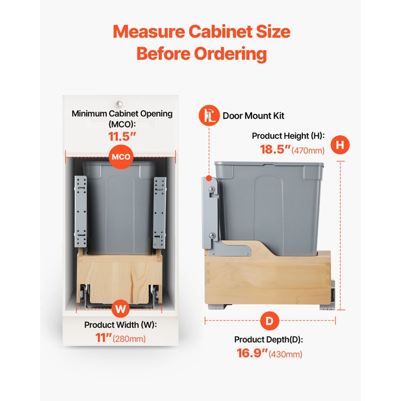 Poubelle coulissante en bois pour armoires de cuisine, bac à déchets de 35 pintes (32,7 L), bac à déchets sous plan, trousse de porte, installation sous comptoir, avec système de fermeture douce en métal robuste