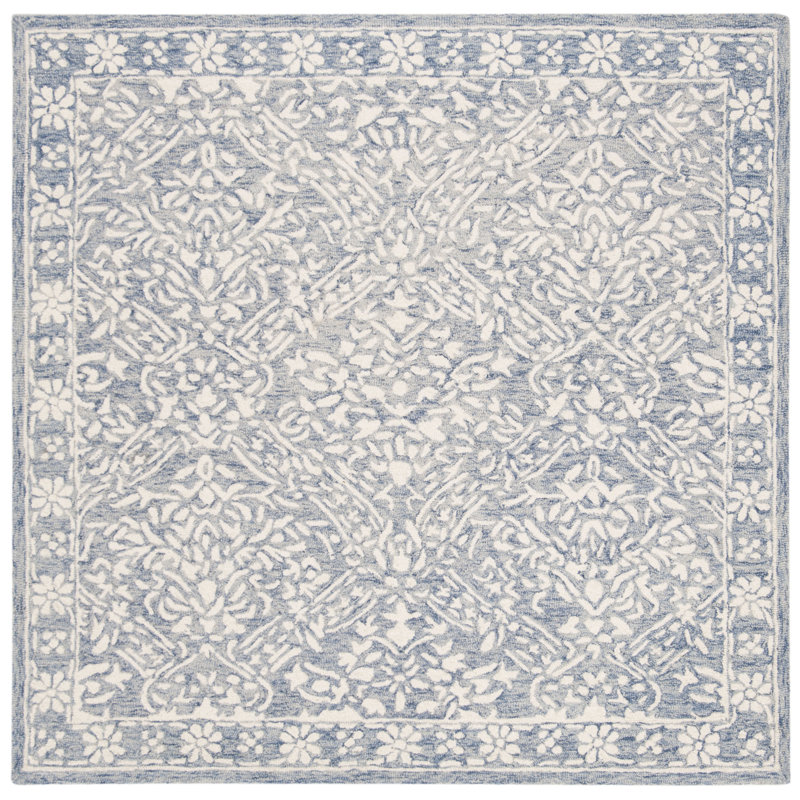 Blue and Ivory Floral Hand-Tufted Wool Square Rug