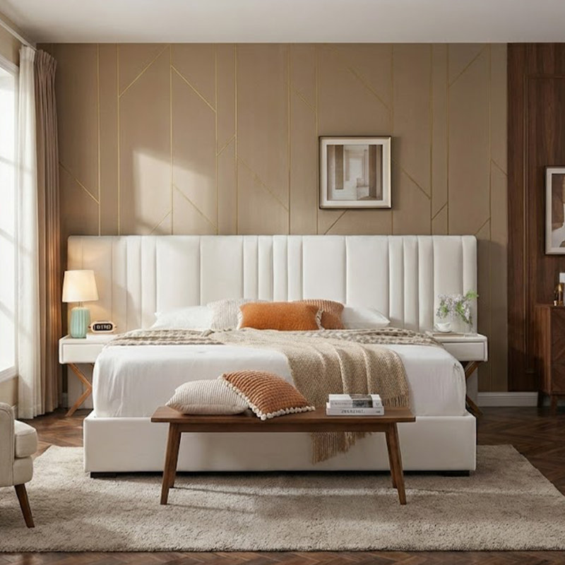 Velvet Upholstered Platform King Bed Frame with Hydraulic Lift Storage, Wide Headboard & Built-In Nightstands, Rose Gold X Legs, No Box Spring Needed - Cream