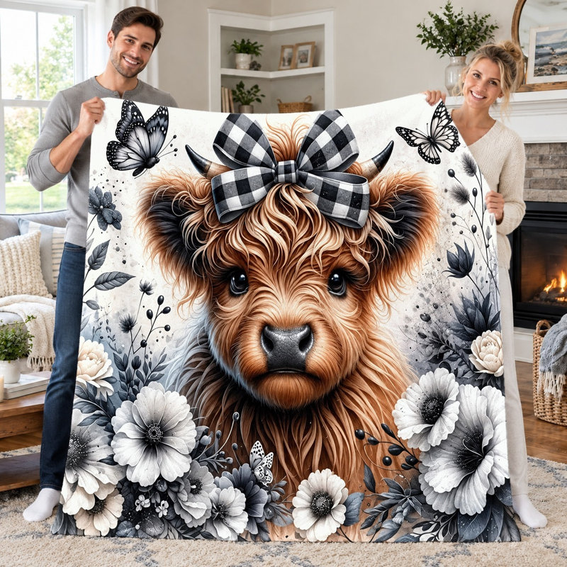 1pc Highland Cow Blanket, Cute Farm Animal Fluffy Flannel Throw, Soft Cozy Lightweight Blanket for Sofa Bed Couch Living Room Dorm Office Travel Decor, All-Season Warm Gift