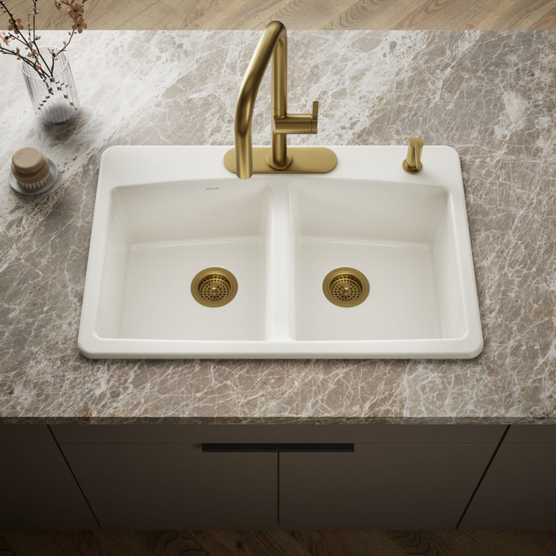 33" L x 22" W x 9-5/8" Top-Mount Double-Equal Kitchen Sink, Almond, 3 Hole