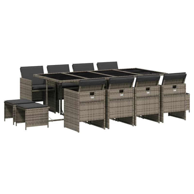  Ensemble de salle à manger de jardin pliable PE en rotin gris 12 places, Gris, Gris foncé