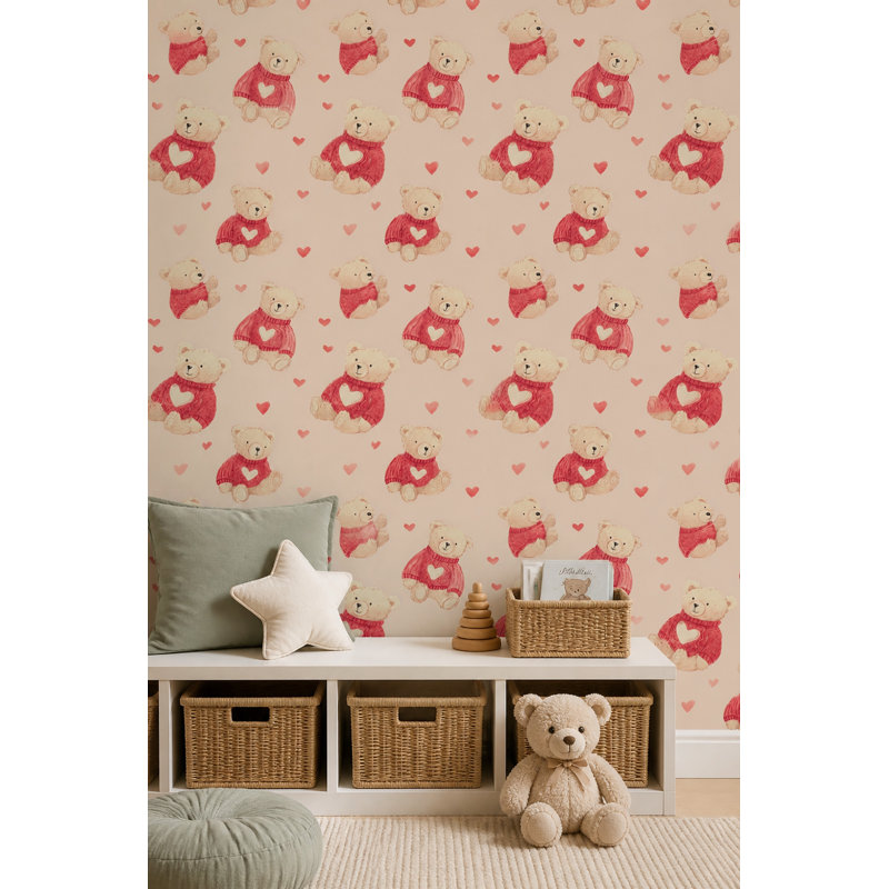 Papier peint mural ours en peluche et cœurs pour chambre d'enfant, Peler et coller