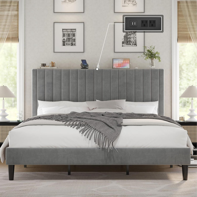 Cadre de lit très grand gris - Lit plateforme tapissier en tissu avec tête de lit