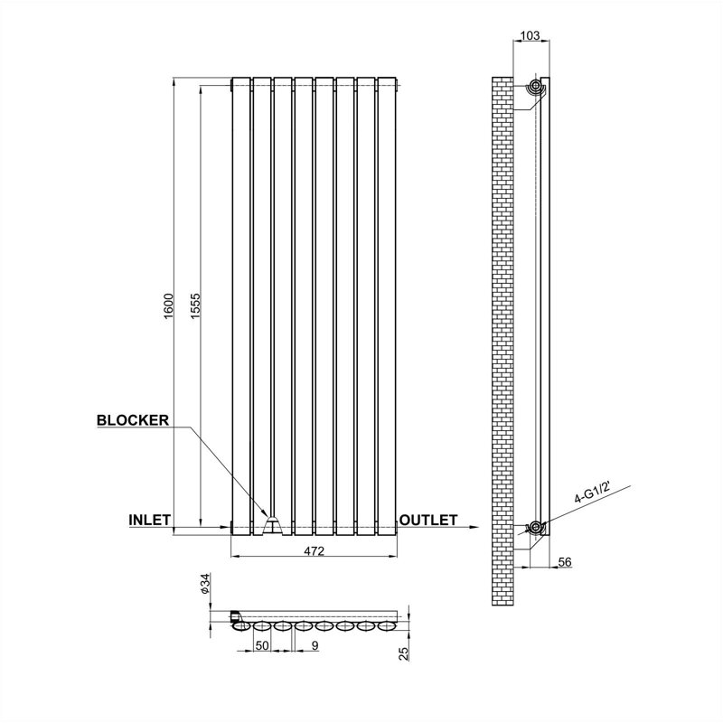 Vertical Oval Column Radiator, White, Single, 160cm H x 47.2cm W x 5.6cm D