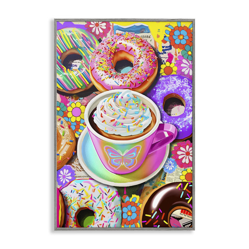 «Pastel Donuts & Coffee Cup», art de la giclée encadrée par Jess Stempel, H 24 po x l 16 po, Estampe numérique Farmhouse