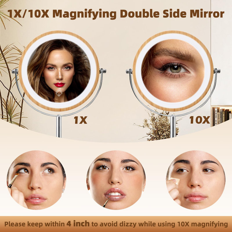 Lighted Makeup Mirror, Rechargeable 8" Bamboo Vanity Mirror, 1X/10X Magnifying Vanity Mirror With 3 Colours Dimmable Lightning, 360° Rotation Double Sided Cosmetic Light Up Mirror