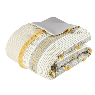 Gray/Yellow Comforter Full/Queen, Cotton With Stripe Print And , Filling, , Elegant Bedding Full/Queen In Gray/Yellow, Trim, , Mesmerizing