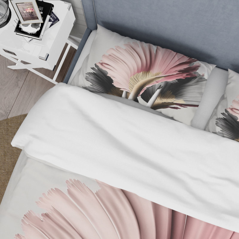 Ensemble de housse de couette en microfibre / polyester rose et gris Gerbera, Housse de couette pour très grand lit et 2 très