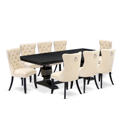 Cet ensemble de salle à manger 9 pièces se compose d'une table de petit-déjeuner et de 8 chaises de salle à manger en tissu de polyester beige clair avec dossier capitonné à boutons - finition noire sablée.