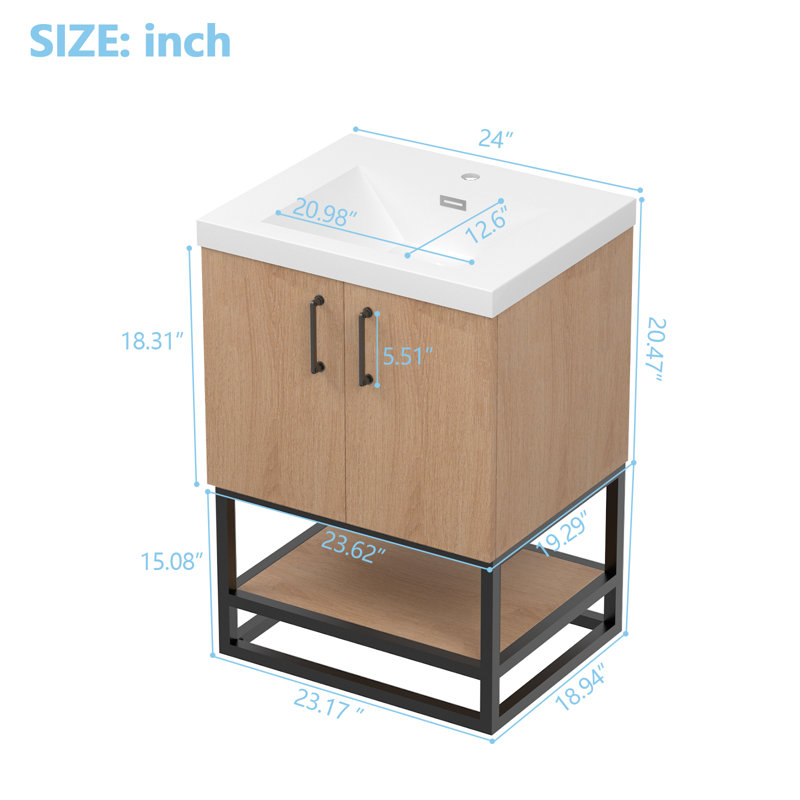 Meuble-lavabo simple autoportant 24 po avec comptoir en résine et cadre en métal noir