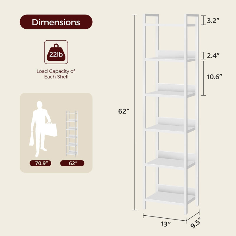 Bibliothèque sur pieds à 6 niveaux, (6 Shelves) 62"H x 13"W x 9.5"D, White