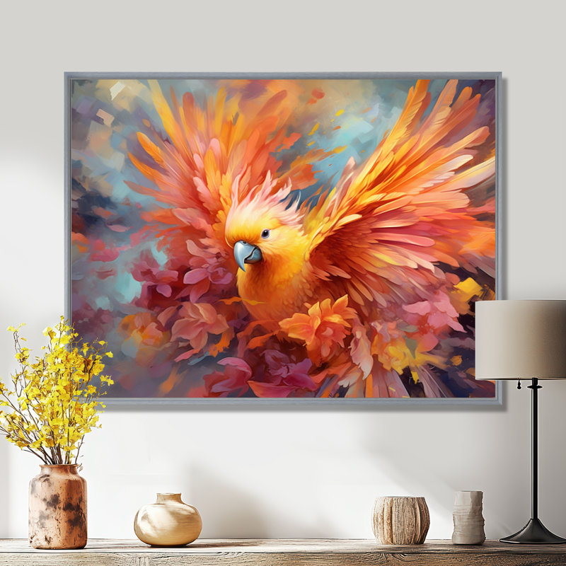 «Tropical Parrot I», art mural sur toile, H 24 po x l 32 po, Encadrement argenté