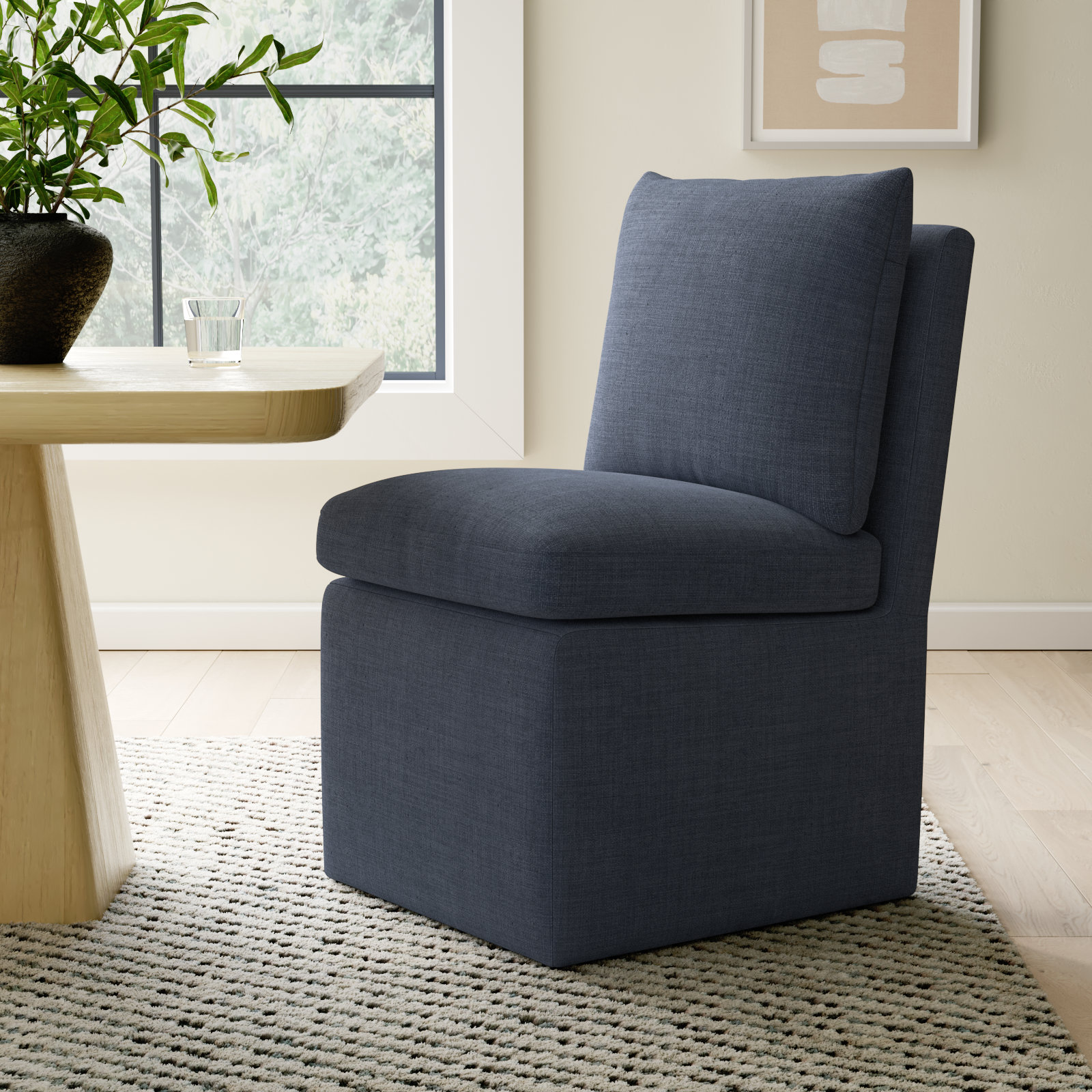 Alayaa Upholstered Dining Chair with Casters, Effie Indigo Performance Linen