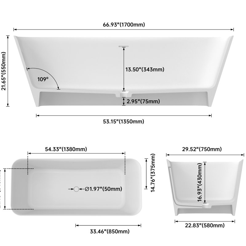 Solid Surface 67 Inch Deep Soak Freestanding Bathtub, Elegant Matte Finish, Timeless Design, Contour, Insulation To Keep Warm, Ultra- Composite, Seamless One, Skin-, Install, Spa Luxury, White With ,