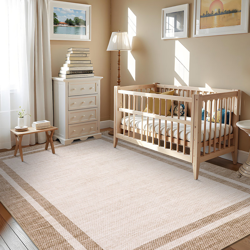 Modern Bordered Area Rugs Washable Contemporary Indoor Rug,Foldable Bedroom Carpet for Living Room,Nursery, Beige