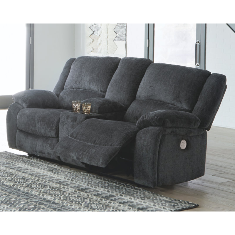 Dametris Upholstered 78'' Power Reclining Loveseat, Dark Gray Polyester