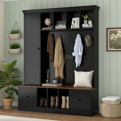 VIBE HAUS 62.2''W Farmhouse Hall Tree with Shoe Storage Bench, Entryway Coat Rack with 5 Hooks, Adjustable Shelf Cabinet with Drawers for Hallway, Entryway, Living Room