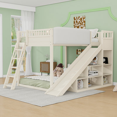 Wood Loft Bed with Slide and Storage