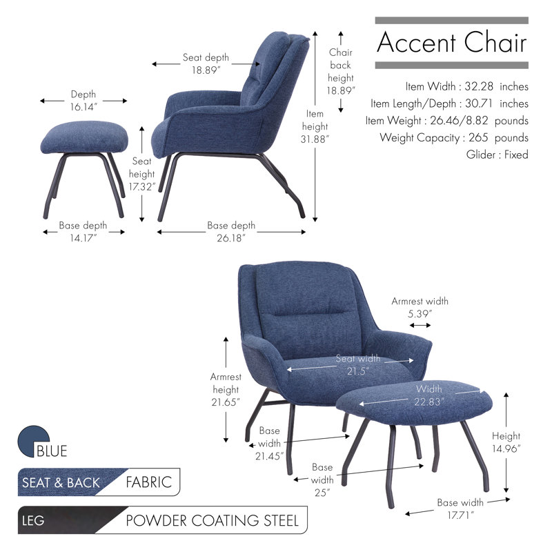 Chaise d'appoint rembourrée en tissu avec repose-pieds Caiceo, Mélange de polyester bleu