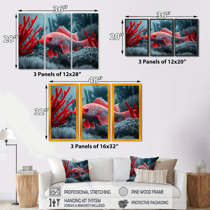 «Tropical Fish in Blue and Red II», reproduction sur toile 3 pièces, Toile à cadre flottant noir, H 28 po x l 36 po x P 1 po