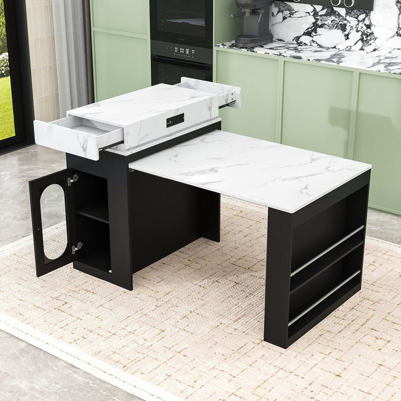 Îlot de cuisine multifonctionnel avec roulettes, rangement caché et station de charge intégrée, Noir