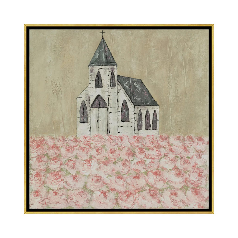 «Church Peony Field» par Ashley Bradley - reproduction imprimée, Toile avec cadre doré, H 12 po x l 12 po x P 1,5 po