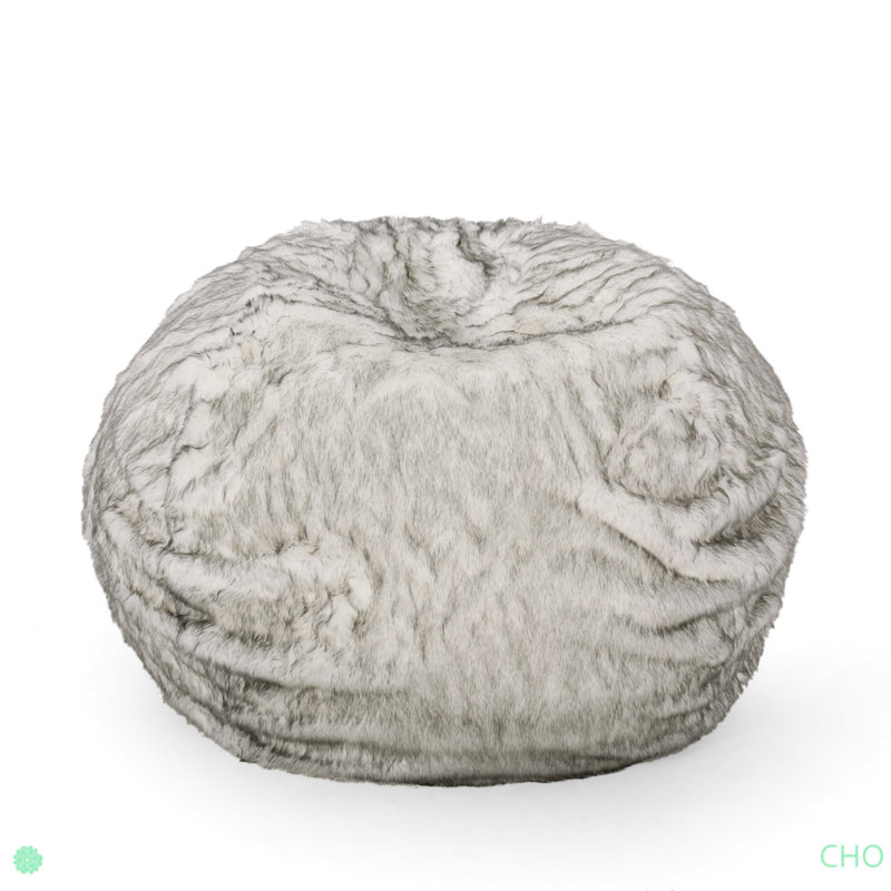 Negar 5 Foot Rounded Short Faux Fur Bean Bag, White/Gray Faux Fur