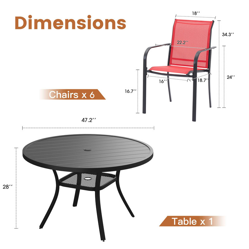Ensemble repas pour 6 personnes avec table ronde et 6 chaises empilables, Rouge / Noir