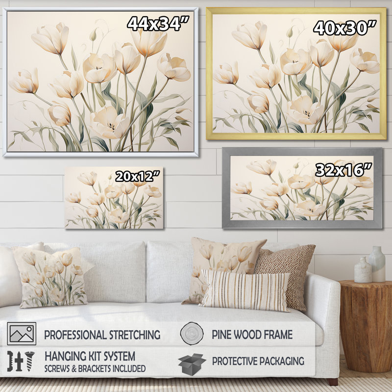 Symphonie de tulipes embellies beiges sur toile, Cadre naturel flottant, H 34 po x l 44 po