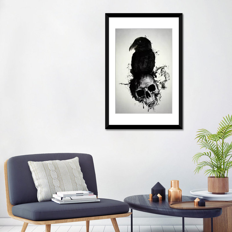 «Raven and Skull» par Nicklas Gustafsson, reproduction d'art graphique sur toile, Papier d'art encadré noir, Blanc