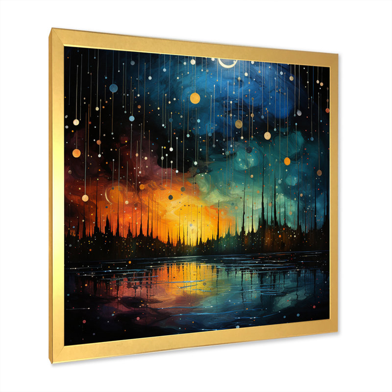 " Meteors Celestial And Pointillism I ", Gold Picture Framed, 16" H x 16" W x 1" D